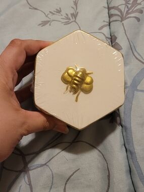 Hexagon Decorative Trinket Box with Gold Bee